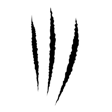 Kedi tırmalaması. Kara Pençe hayvan tırmığı, yırtık kağıt. Kedi pençesi izi. Siyah arkaplanda vektör illüstrasyonu.