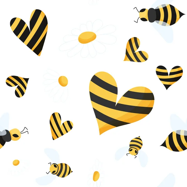 Bee and camomile seamless pattern. Bee, daisies, and hearts in a kids pattern. Seamless is suitable for print, fabric, wrapping paper, bar and menu decoration. — Stock Vector