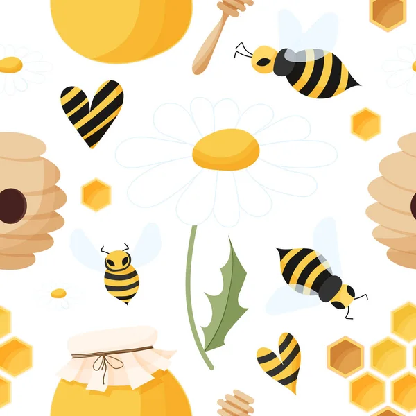 Bijen en kamille naadloos patroon. Bijenkorf, hart, madeliefjes, bijen, honing en honingraten in een kinderpatroon. Naadloos is geschikt voor print, stof, inpakpapier, bar en menudecoratie. — Stockvector