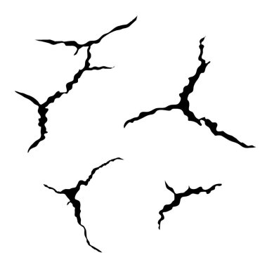 Zemin çatlakları ayarlandı. Deprem ve zemin çatlakları, delik etkisi, Craquelure ve hasarlı duvar dokusu. Vektör illüstrasyonları deprem, çarpma ve yıkım konularında kullanılabilir