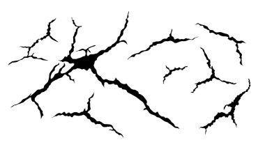 Zemin çatlakları ayarlandı. Deprem ve zemin çatlakları, delik etkisi, Craquelure ve hasarlı duvar dokusu. Vektör illüstrasyonları deprem, çarpma ve yıkım konularında kullanılabilir
