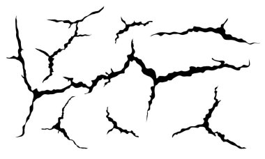 Zemin çatlakları ayarlandı. Deprem ve zemin çatlakları, delik etkisi, Craquelure ve hasarlı duvar dokusu. Vektör illüstrasyonları deprem, çarpma ve yıkım konularında kullanılabilir