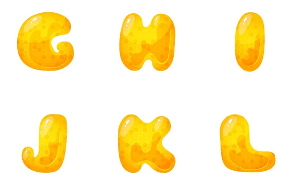 Honigsüße Schrift Liquid Honey Cartoon Alphabet Gelbe Wabenvektorschrift — Stockvektor