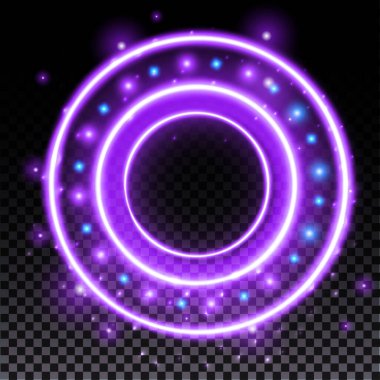 Mor hologram portalı. Sihirli fantezi kapısı. Halo efektli sihirli çember. Kıvılcımlar, hologramlar ve teknoloji geçmişi olan vektör mavisi bilimkurgu ışınlaması