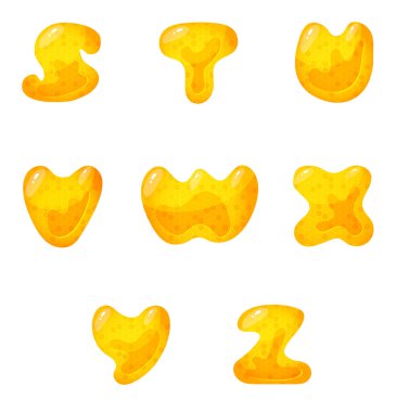 Tatlı ballı yazı tipi. Sıvı bal çizgi film alfabesi, sarı bal peteği vektör yazı tipi