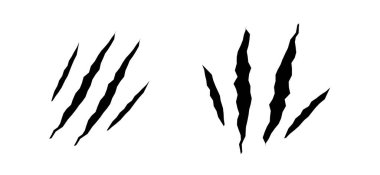 Kedi tırmalama seti. Kara Pençe hayvan tırmığı, yırtık kağıt. Kedi pençesi izi. Siyah arkaplanda vektör illüstrasyonu