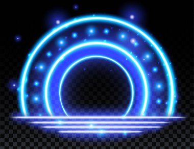 Blue magic arc. Abstract magic light effect. Luminous neon arch lines with flying lights