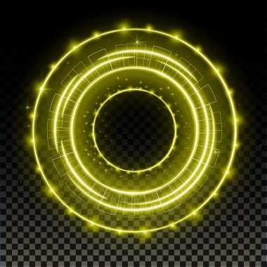 Altın hologram portalı. Sihirli fantezi kapısı. Halo efektli sihirli çember. Kıvılcımlar, hologramlar ve teknoloji geçmişi olan vektör mavisi bilimkurgu ışınlaması