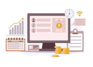 İstatistik bilgisine ve simge kümesine sahip bilgisayar, çevrimiçi iş, finans