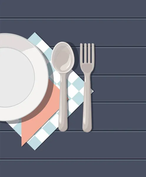 Assiette vide fourchette à cuillère et serviette. Vecteur — Image vectorielle
