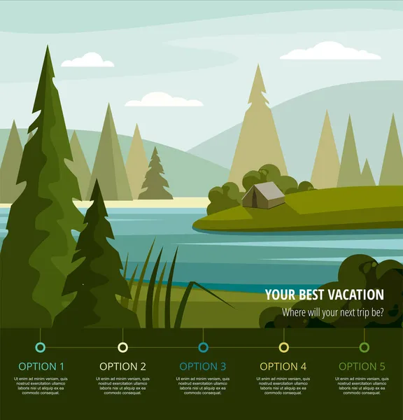 Spruce Ormanı 'nda kamp yapmak. Göl ve ağaçlarla dolu yaz manzarası. Vektör — Stok Vektör