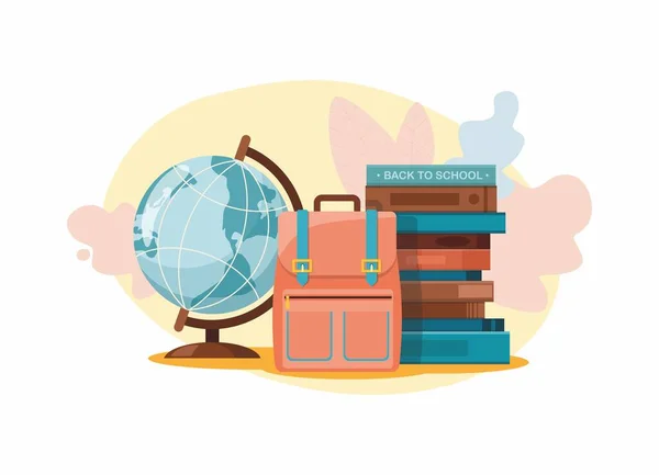 Materiale scolastico. Libri, globo e sacchetto della scuola — Vettoriale Stock
