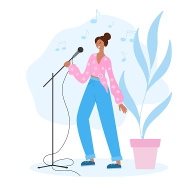 Kız bir müzik stüdyosunda şarkı söylüyor. Düz bir şekilde karaoke barın vektör çizimi. Tasarım için karakter