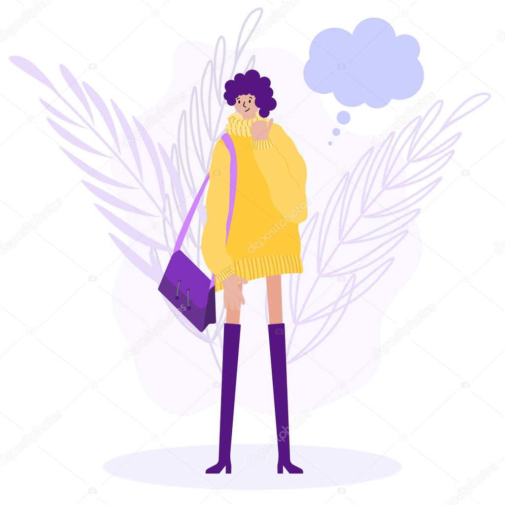 Girl with a handbag in her hand. Vector illustration in a flat style. Character for design