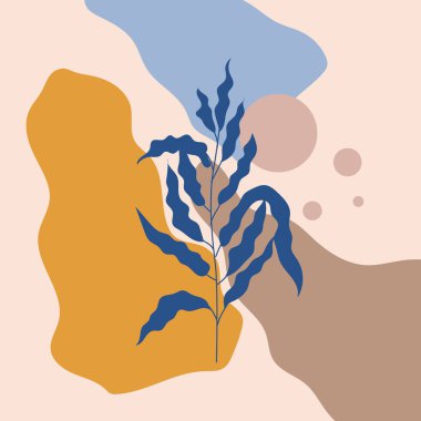 Soyut arkaplanda çizgi yaprağı olan bir poster. Tek sıra çizim tarzı. Tasarım kıyafetleri, kart, not defteri, poster için vektör illüstrasyonu