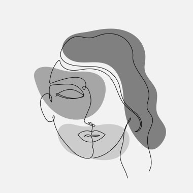 Poster kuyruğundaki yaprak suratlı kadın. Tek sıra çizim tarzı. Tasarım kıyafetleri, kart, not defteri, poster için vektör illüstrasyonu