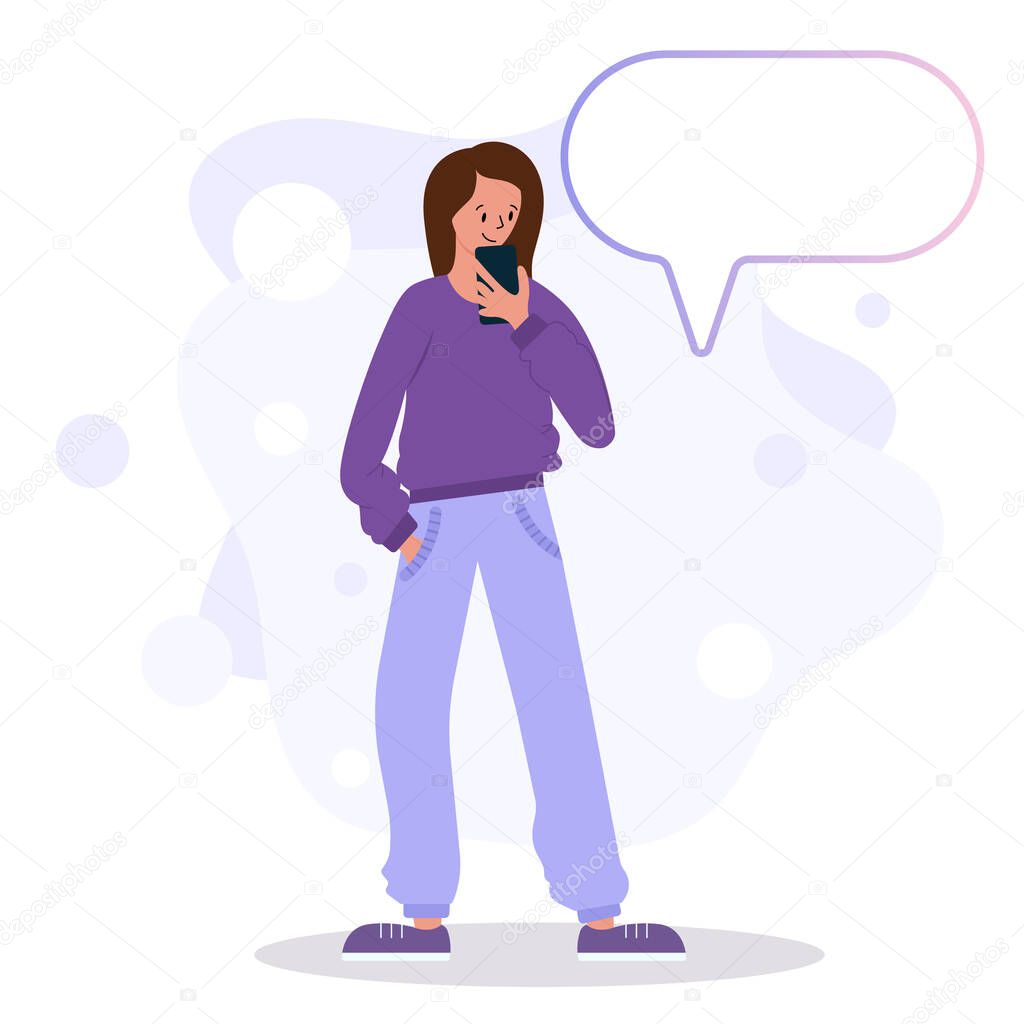 Girl with a mobile phone. Vector illustration in a flat style. Character for design