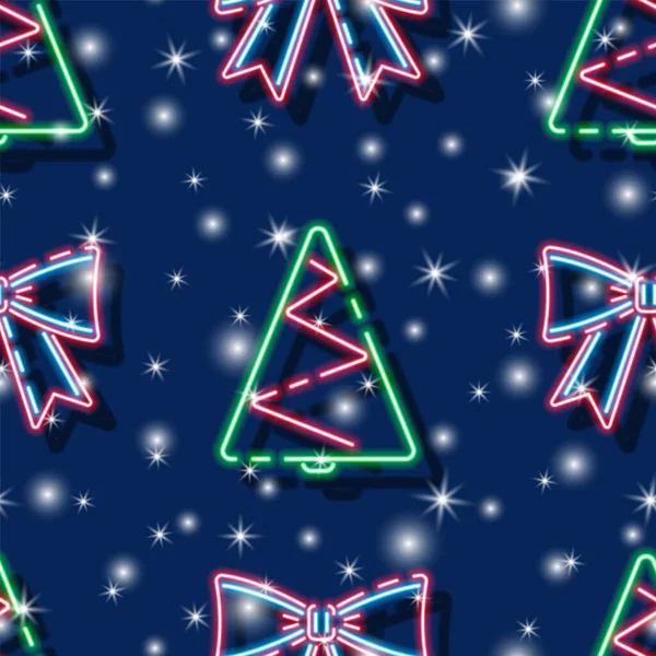 Árvore Natal Com Arco Decorativo Neon Sem Costura Padrão Fundo —  Vetores de Stock