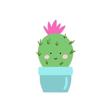 Beyaz arka planda şirin bir kaktüs düz stil vektör çizimi. Çiçek sulu. Tasarım, kartlar, çıkartmalar için saksılarda yüzleri olan komik kaktüsler.