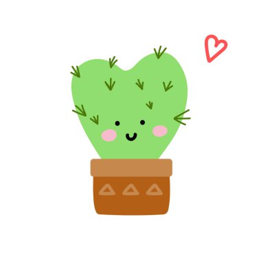 Beyaz arka planda şirin bir kaktüs düz stil vektör çizimi. Çiçek sulu. Tasarım, kartlar, çıkartmalar için saksılarda yüzleri olan komik kaktüsler.