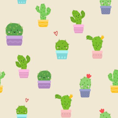 Şirin bir kaktüs, düz, dikişsiz desen. Tasarım, kumaş, hediye kağıdı, ambalaj, kumaş için vektör illüstrasyonu