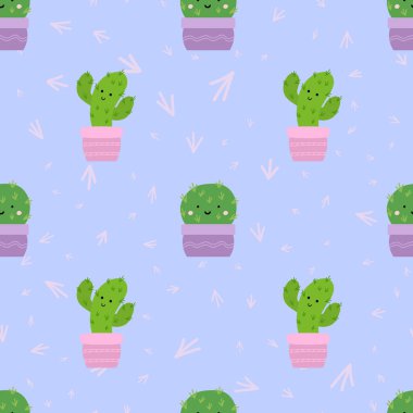 Şirin bir kaktüs, düz, dikişsiz desen. Tasarım, kumaş, hediye kağıdı, ambalaj, kumaş için vektör illüstrasyonu