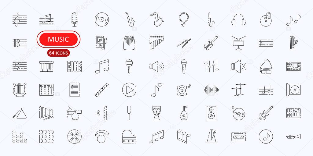 Music linear signs. Musical instruments icons. Recording studio concept. Vector illustration for design, advertising, vocal studio