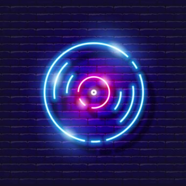 Müzik plakası neon ikonu. Parlayan müzik işareti. Müzik konsepti. Ses kayıt stüdyosu tasarımı için vektör illüstrasyonu, reklamcılık, tabelalar, ses stüdyosu