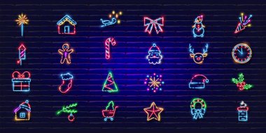 Yeni yıl sembolleri neon seti. Parlayan ikonlar. Yeni yıl ve Noel konsepti. Tasarım için vektör illüstrasyonu