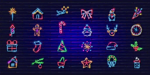 新年标志霓虹灯设置 发光的图标 新年和圣诞节的概念 设计的矢量图解 — 图库矢量图片