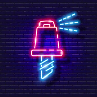 Neon ikonu sulamak için Dripper Mikrojeti. Sulama sistemi, sulama sistemi, hortum ve aksesuarlar parlıyor. Tasarım, web sitesi, reklam, mağaza, mallar için vektör illüstrasyonu