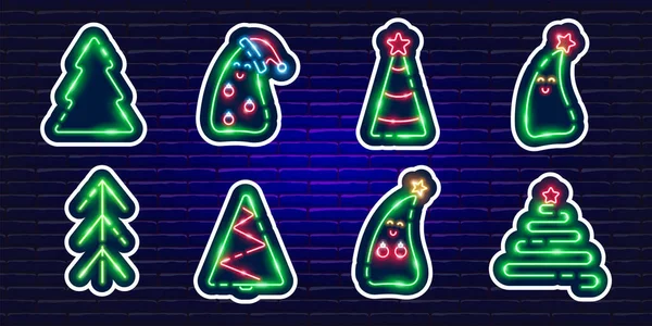 新年モミの木ネオンステッカーセット クリスマスツリーのアイコンを光る 新年とクリスマスのコンセプト デザインのためのベクトルイラスト — ストックベクタ