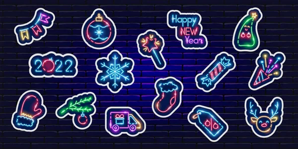 新年贴纸 霓虹灯套 发光的图标 新年和圣诞节的概念 设计的矢量图解 — 图库矢量图片
