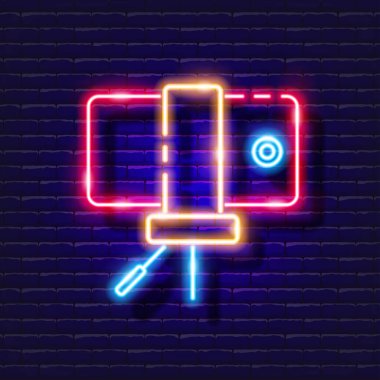 Telefon neon ikonu için tripod tutucu. Fotoğraf ve video konsepti. Tasarım, web sitesi, dekorasyon, çevrimiçi mağaza için vektör illüstrasyonu