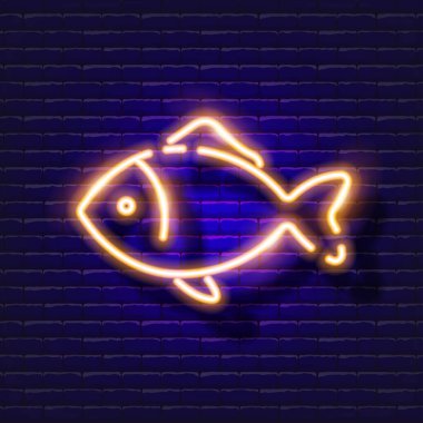 Akvaryum balığı neon ikonu. Tasarım, web sitesi, hayvan dükkanı, veteriner kliniği için vektör illüstrasyonu. Veterinerlik hekimliği kavramı