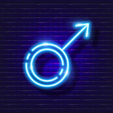 Erkek cinsiyeti neon ikonu. Cinsiyet kavramı. Tasarım, web sitesi, tabela, pano reklamı için vektör işareti