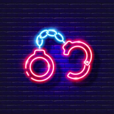 Neon ikon bdsm için kelepçeler. Seks dükkanı konsepti. Yetişkinler için oyuncaklar. Aşk için hediyeler. Tasarım, web sitesi, tabela, pano, reklam için vektör işareti