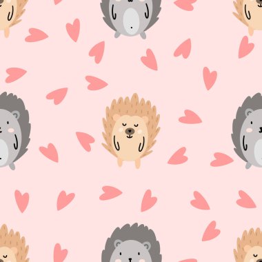 Kirpiler şirin, pürüzsüz desenler. Kumaş tasarımı için vektör illüstrasyonu, hediye kağıdı, bebek kıyafetleri, tekstil, kartlar