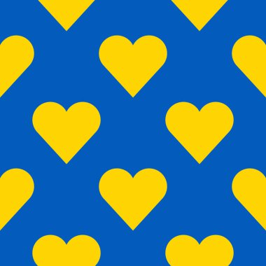 Ukrayna bayrağı renginde pürüzsüz kalp deseni. Ukrayna savaşı konsepti. Kumaş tasarımı için vektör illüstrasyonu, hediye kağıdı, bebek kıyafetleri, tekstil, kartlar