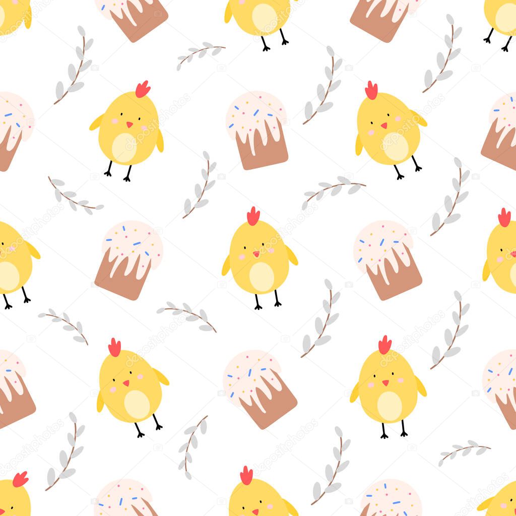 Easter chick, willow, Easter eggs cute seamless pattern. Happy Easter concept. Vector illustration for the design of fabric, gift paper, children s clothing, textiles, cards