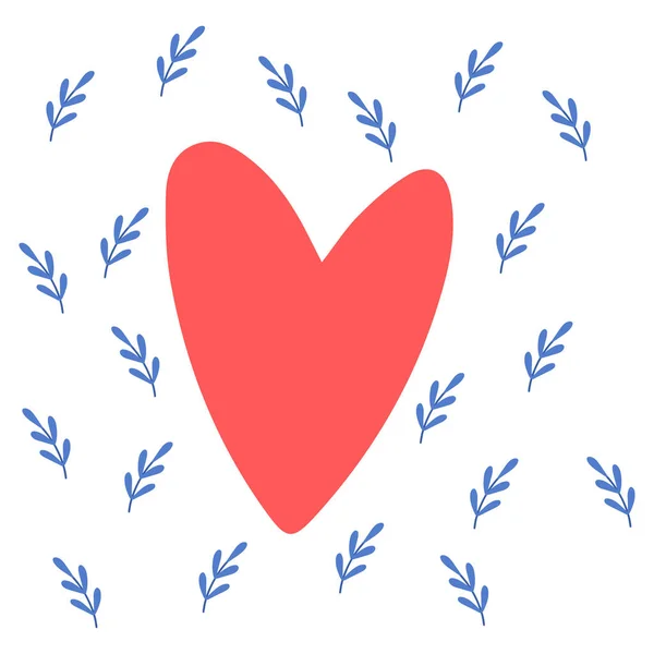 Coeur avec carte vectorielle feuille. Modèle mignon witn dessin motif floral. Illustration d'amour dans un style scandinave pour carte, salutation, bannière. — Image vectorielle