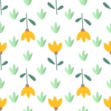 Çiçekler ve yapraklar dikişsiz desen. İskandinav tarzı geçmiş. Kumaş tasarımı için vektör illüstrasyonu, hediye kağıdı, bebek kıyafetleri, tekstil, kartlar.