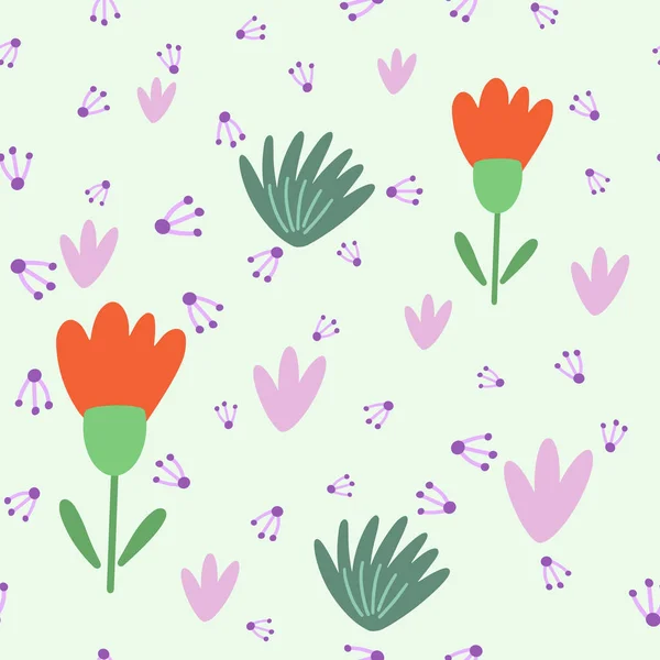 Flores y patrón de hoja sin costura. Fondo de estilo escandinavo. Ilustración vectorial para diseño de tela, papel de regalo, ropa de bebé, textiles, tarjetas. — Vector de stock