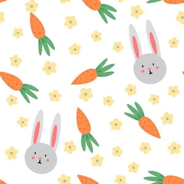 Пасхальный кролик, цветок и морковь милый бесшовный узор. С праздником Пасхи. Векторная иллюстрация для оформления ткани, подарочной бумаги, детской одежды, текстиля, открыток — стоковый вектор