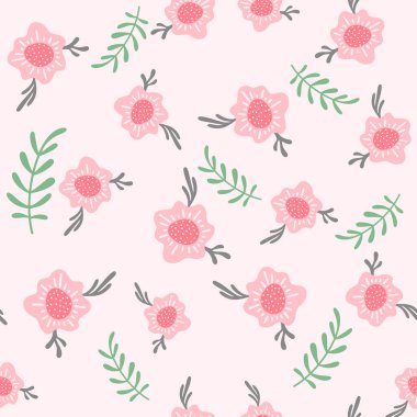 Çiçekler ve yapraklar dikişsiz desen. İskandinav tarzı geçmiş. Kumaş tasarımı için vektör illüstrasyonu, hediye kağıdı, bebek kıyafetleri, tekstil, kartlar.