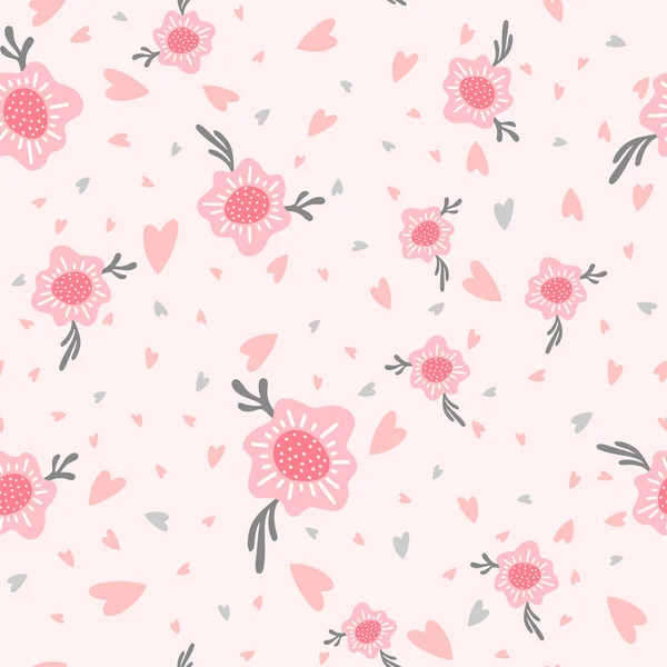 Fleurs, coeur et feuille motif sans couture. fond de style scandinave. Illustration vectorielle pour la conception de tissu, papier cadeau, vêtements de bébé, textiles, cartes. — Image vectorielle