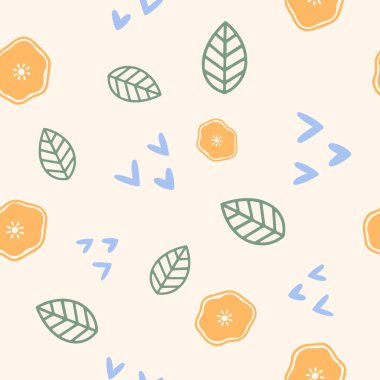 Çiçekler ve yapraklar dikişsiz desen. İskandinav tarzı geçmiş. Kumaş tasarımı için vektör illüstrasyonu, hediye kağıdı, bebek kıyafetleri, tekstil, kartlar.