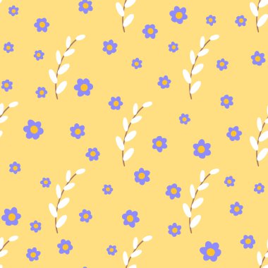 Söğüt ve çiçek hoş, pürüzsüz desen. Mutlu Paskalyalar. Kumaş tasarımı için vektör illüstrasyonu, hediye kağıdı, bebek kıyafetleri, tekstil, kartlar.