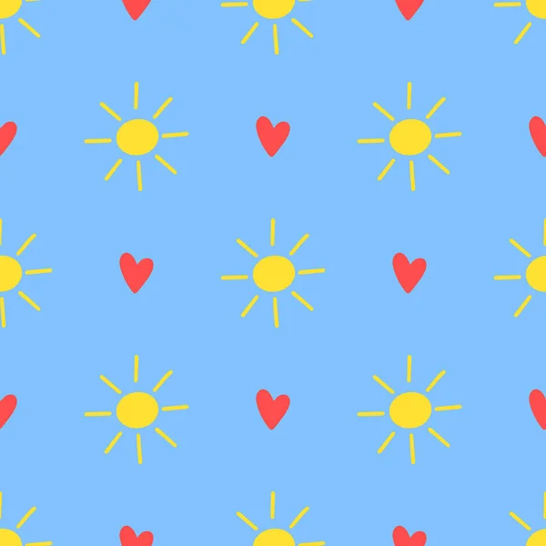Zon en hart naadloos patroon met kleuren van de Oekraïense vlag. Zomer concept. Vector illustratie voor stof ontwerp, cadeaupapier, babykleding, textiel, kaarten. — Stockvector