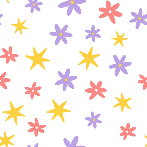 Flower and star seamless pattern. Scandinavian style background. Vector illustration for fabric design, gift paper, baby clothes, textiles, cards. — стоковый вектор